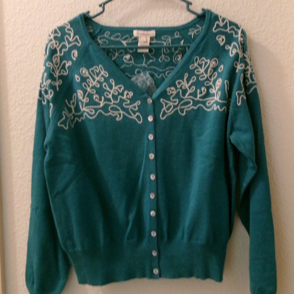 NEW, SUNDANCE, SIZE L, TEAL/CREAM, LONG SLEEVE, V NECK, EMBROIDERED CARDIGAN